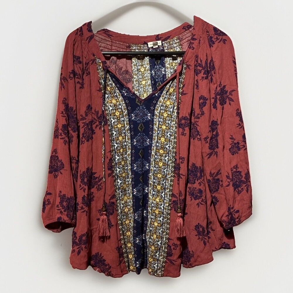 Mason & Belle Women 2X Boho Floral Blouse Tassel Tie Peasant Top Rayon Casual